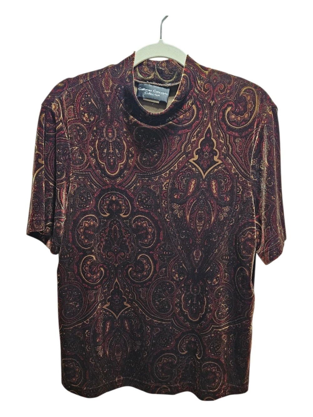 VTG 90s California Concepts Paisley Velvet Mock Neck Top - 70s Revival Boho Chic